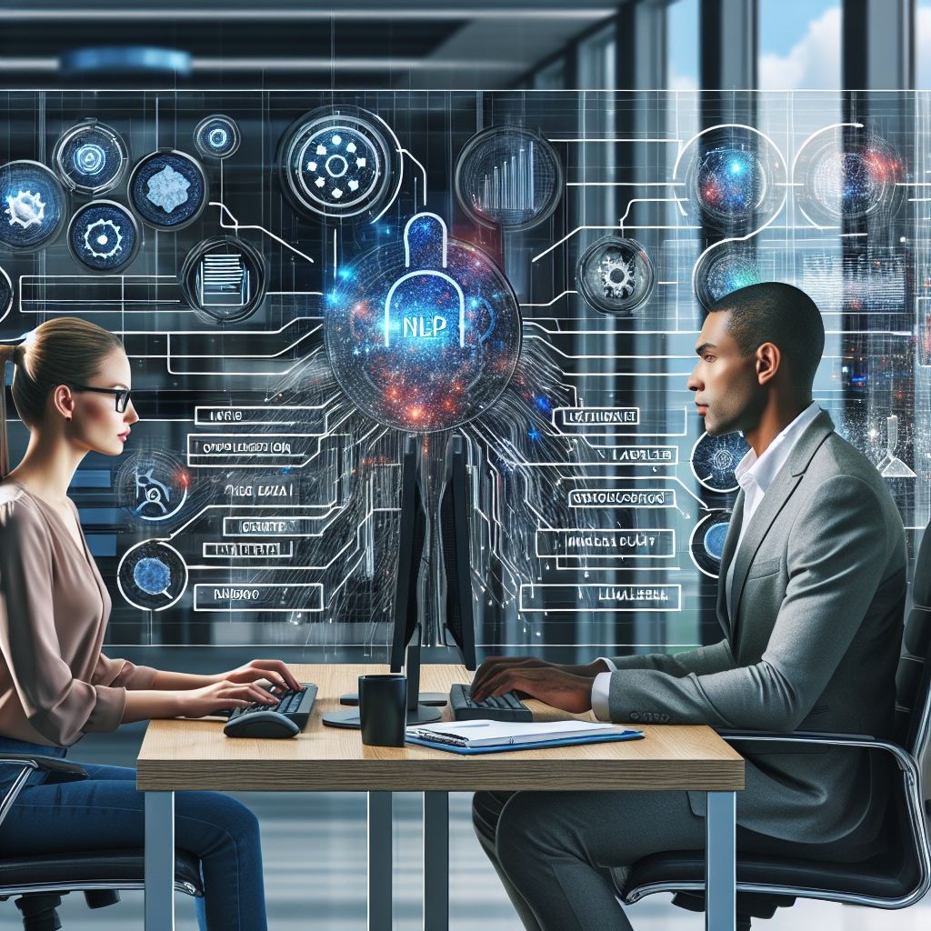 Creating an image of efficient Natural Language Processing (NLP) systems being used to make sense of corporate data. The scene features a sleek modern corporate office where data analysts, a Caucasian woman and a Black man, are working intensely on their computers. Visualized on their screens are dynamic, engaging graphics that symbolize the processing of Big Data - charts, graphs and mind maps. In the background, there is an abstract representation of a complex NLP system, with nodes and connections illustrating the path from raw data to processed information.